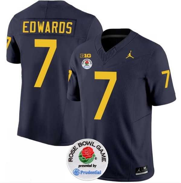 Men's Michigan Wolverines #7 Donovan Edwards 2023 F.U.S.E. Navy Blue Rose Bowl Patch Stitched Jersey Dzhi